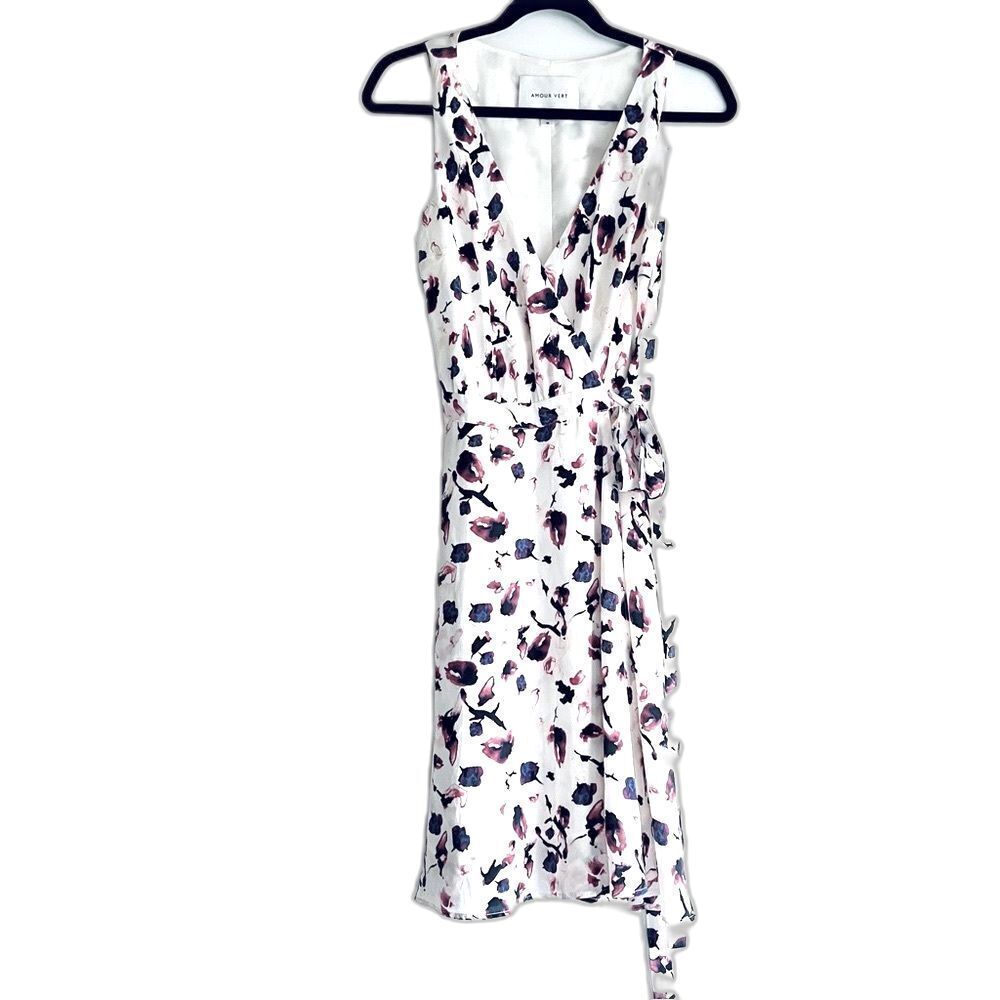 Amour Vert Silk Floral Print Sleeveless Wrap Midi Dress Size Medium